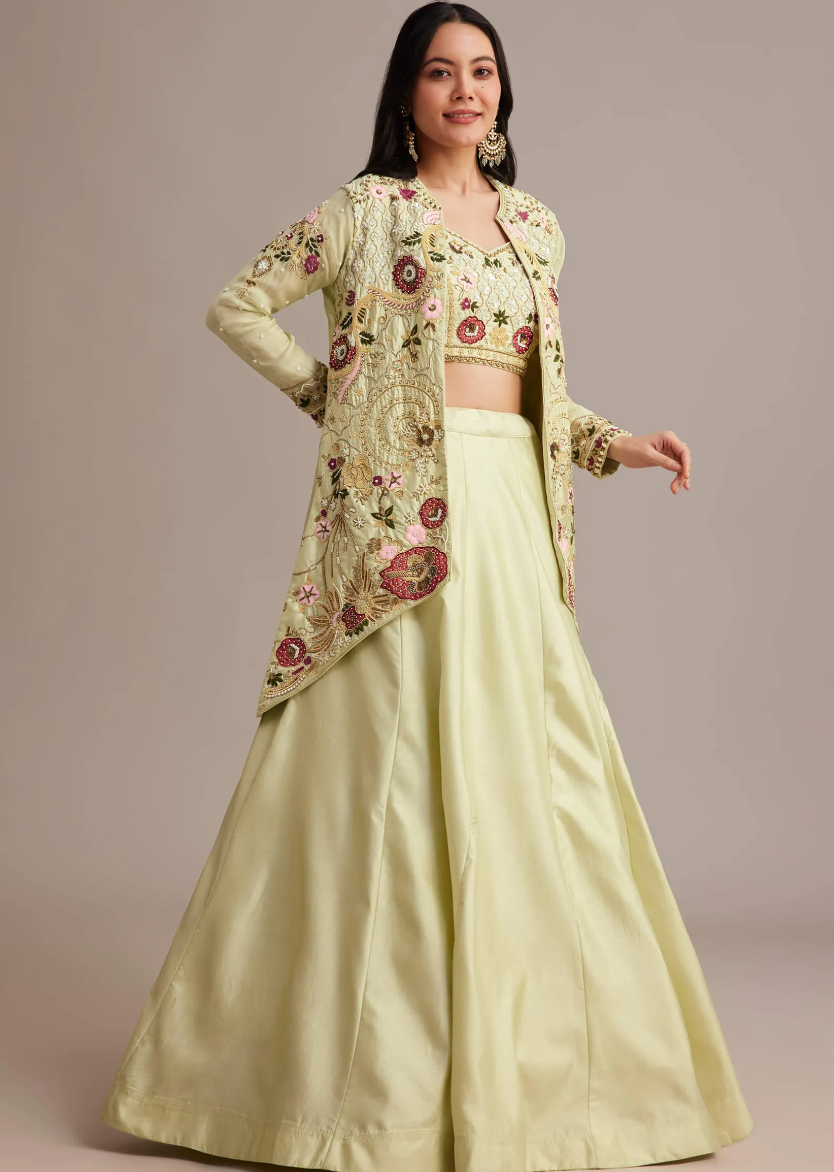 Light Green Silk Jacket Lehenga Set With Thread And Moti Work
