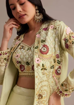 Light Green Silk Jacket Lehenga Set With Thread And Moti Work