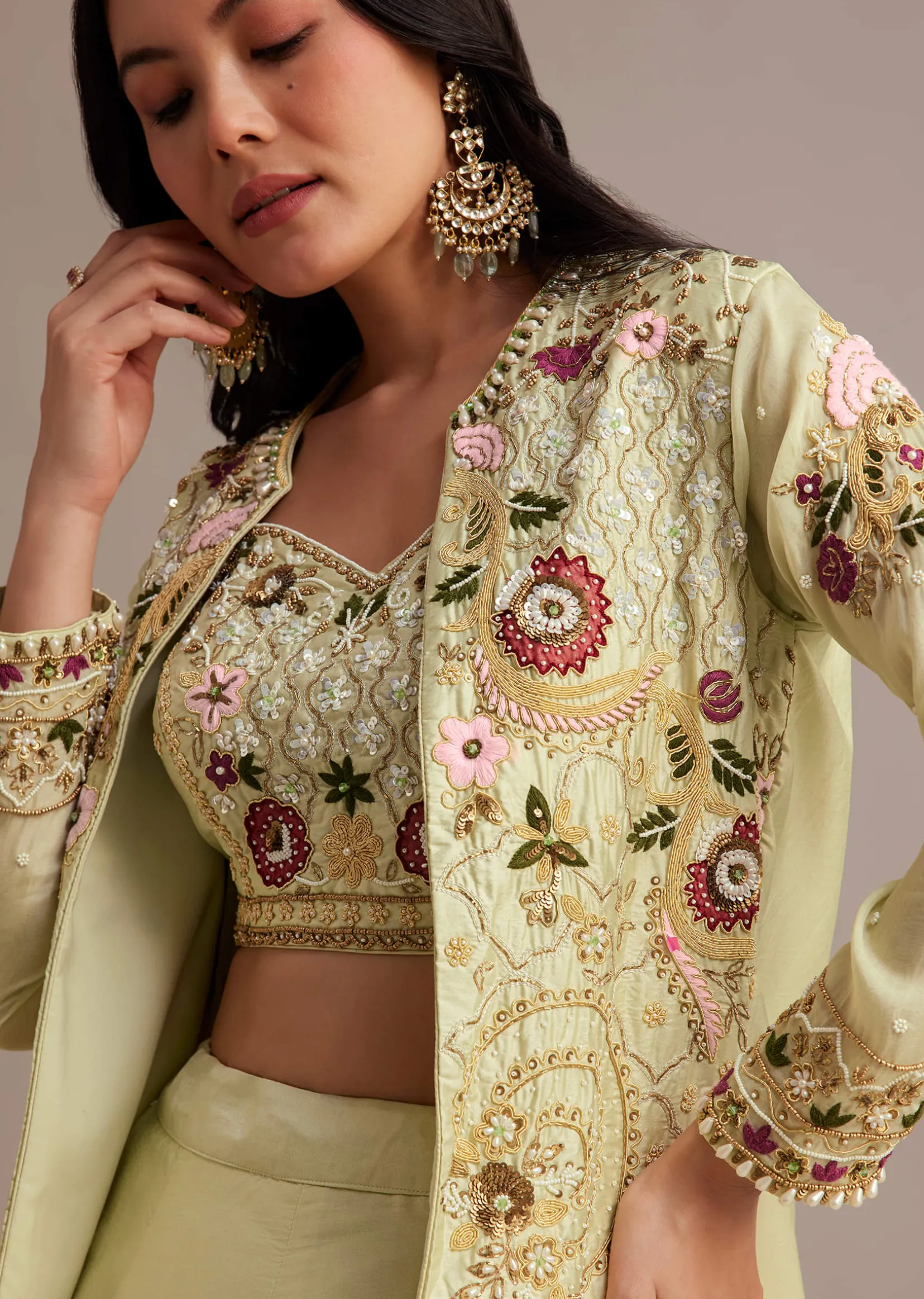 Light Green Silk Jacket Lehenga Set With Thread And Moti Work