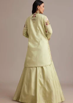 Light Green Silk Jacket Lehenga Set With Thread And Moti Work