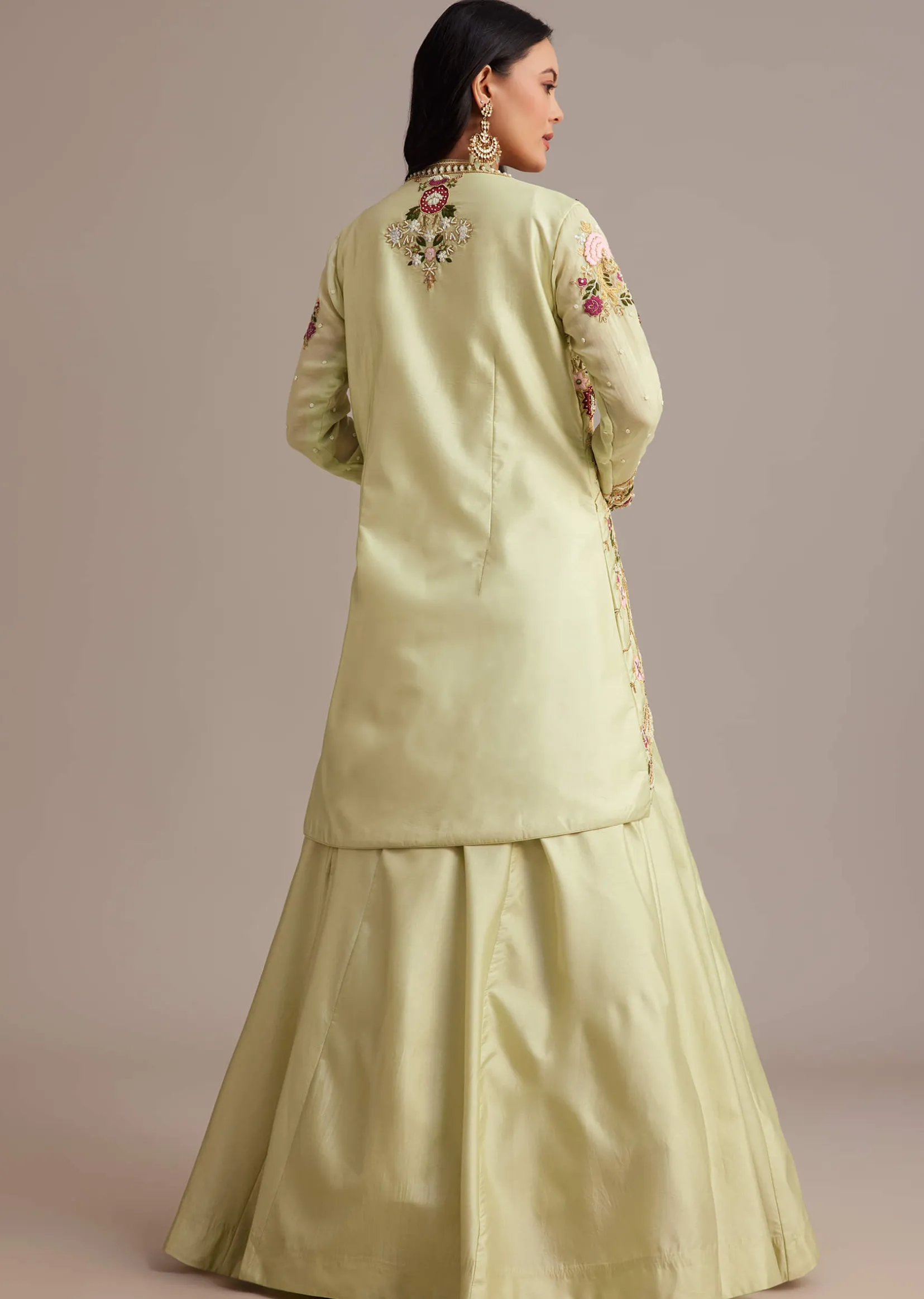 Light Green Silk Jacket Lehenga Set With Thread And Moti Work