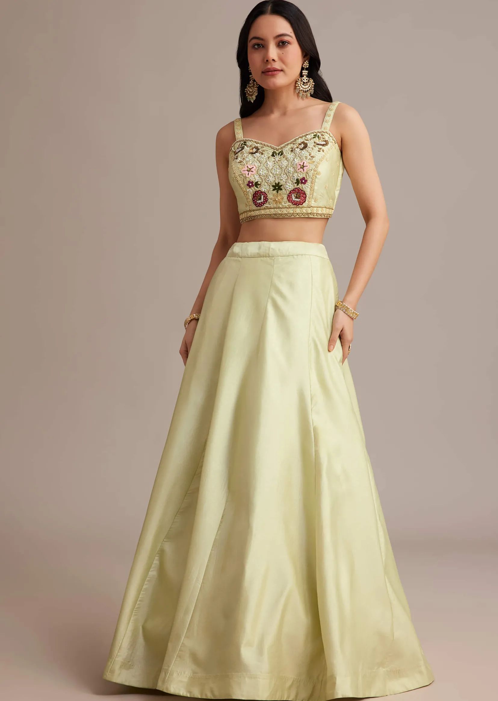 Light Green Silk Jacket Lehenga Set With Thread And Moti Work