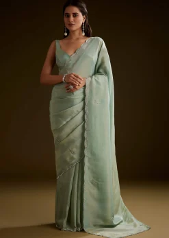 Light Green Tissue Saree With Cutdana Embroidery And Scallop Border