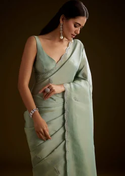 Light Green Tissue Saree With Cutdana Embroidery And Scallop Border