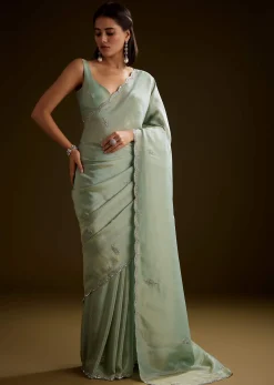 Light Green Tissue Saree With Cutdana Embroidery And Scallop Border