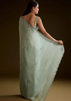 Light Green Tissue Saree With Cutdana Embroidery And Scallop Border
