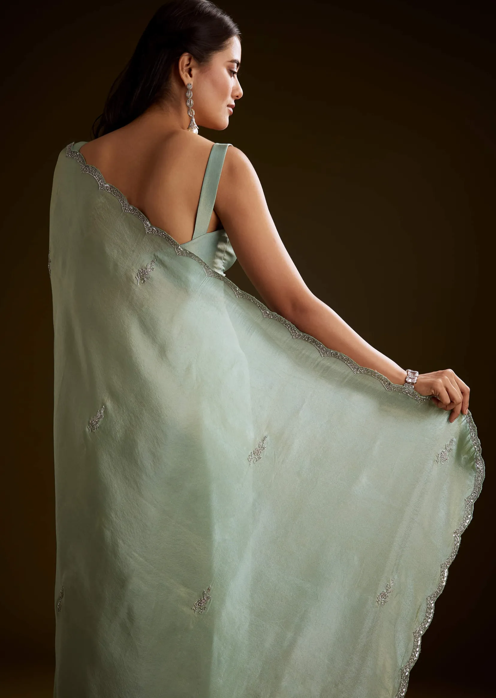 Light Green Tissue Saree With Cutdana Embroidery And Scallop Border