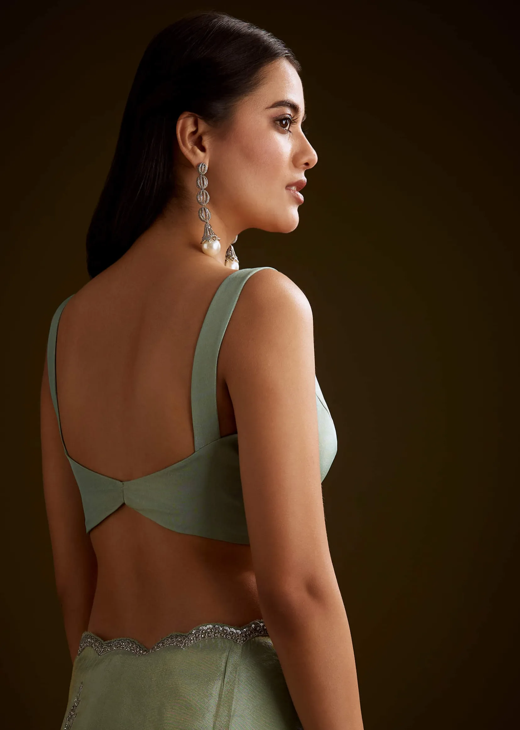Light Green Tissue Saree With Cutdana Embroidery And Scallop Border