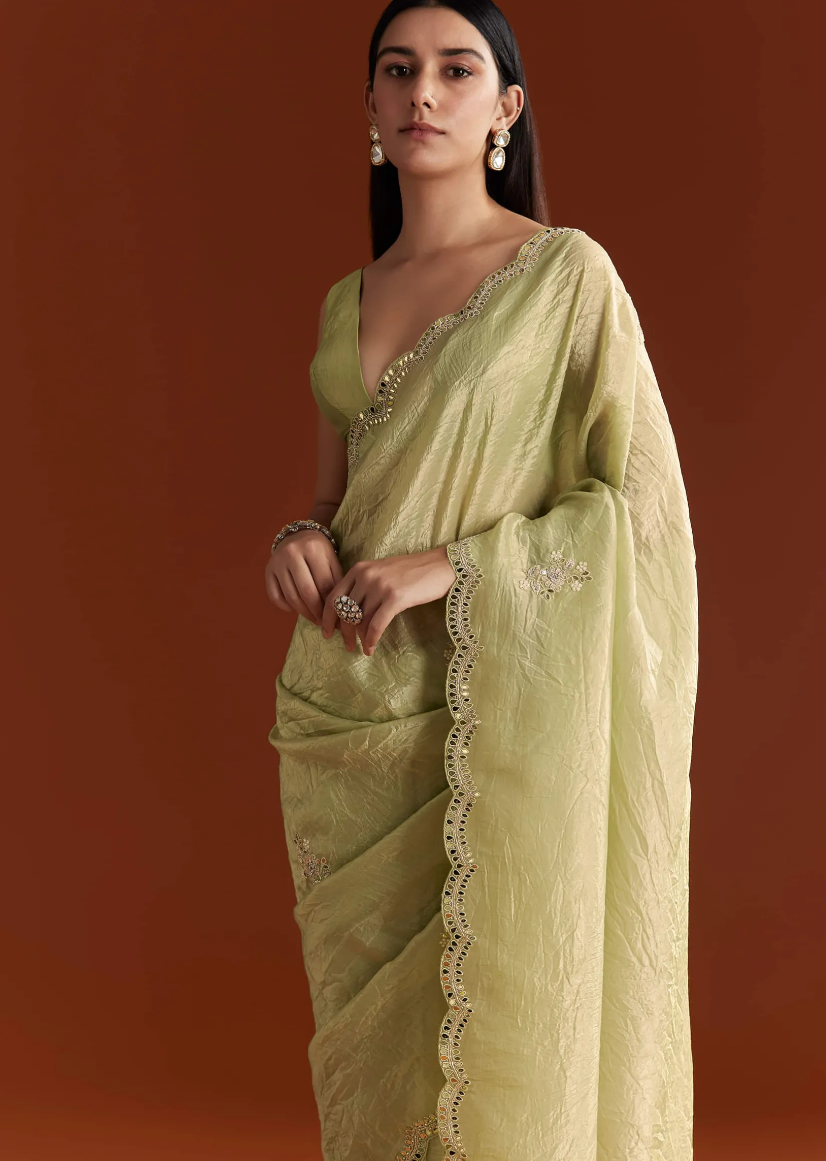 Light Green Tissue Zardosi Saree With Scallop Border