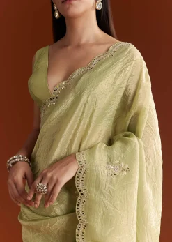 Light Green Tissue Zardosi Saree With Scallop Border