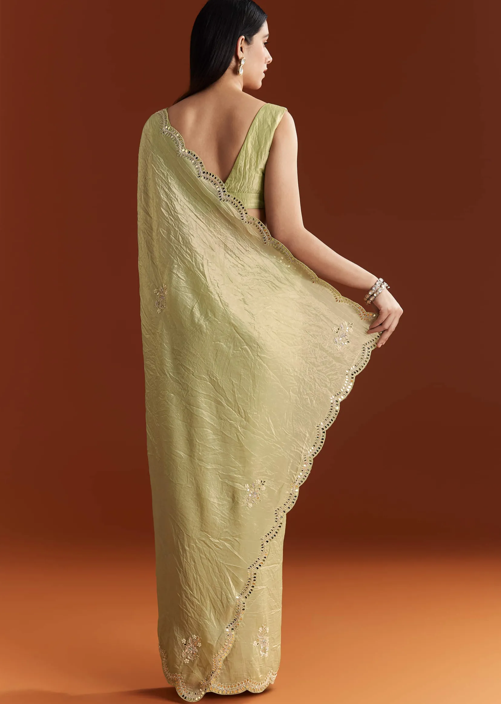 Light Green Tissue Zardosi Saree With Scallop Border