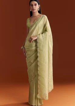 Light Green Tissue Zardosi Saree With Scallop Border