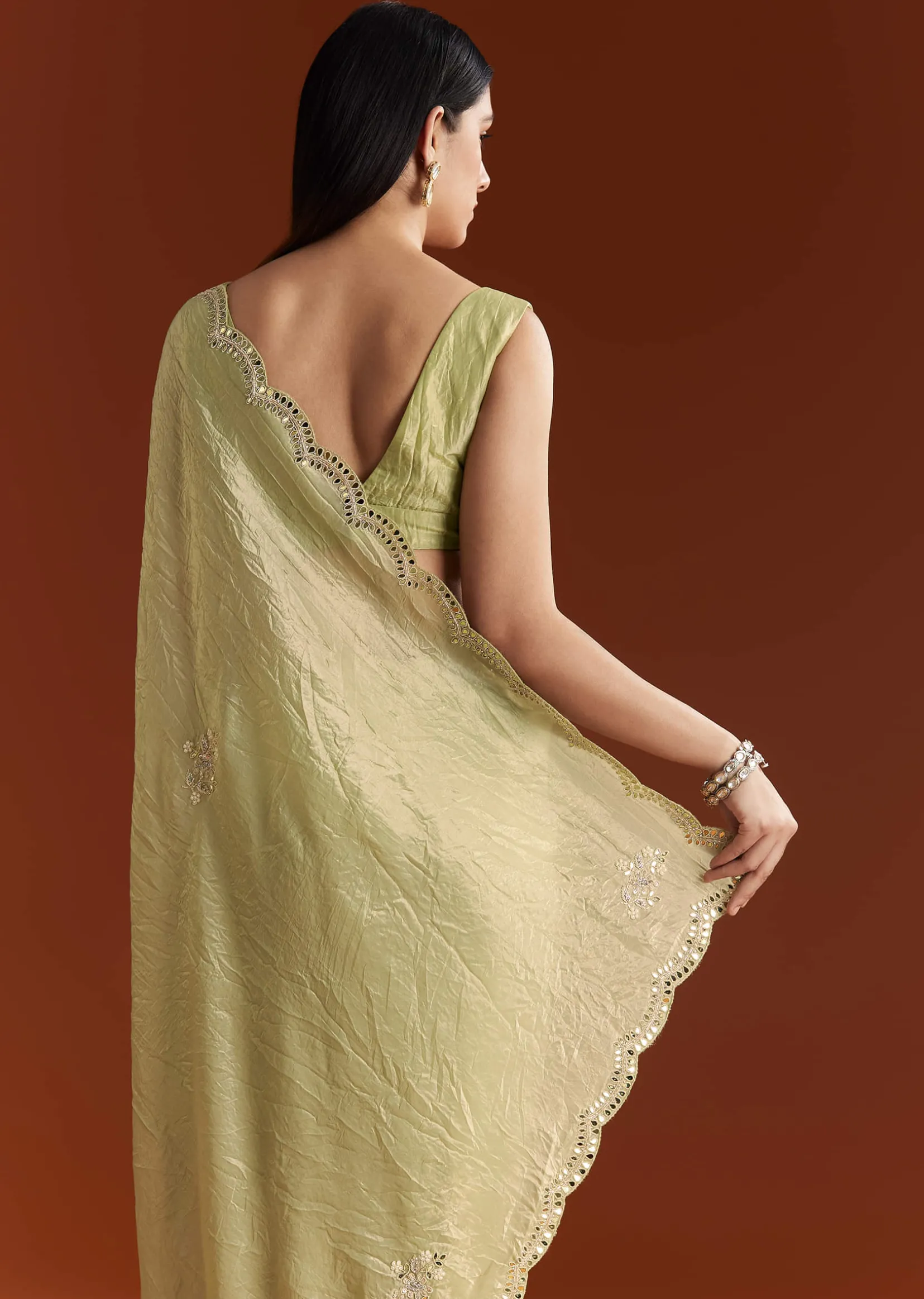 Light Green Tissue Zardosi Saree With Scallop Border