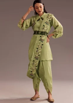 Light Green Zardosi Kurta With Embroidered Dupatta Belt