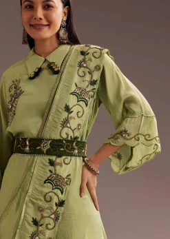 Light Green Zardosi Kurta With Embroidered Dupatta Belt