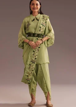 Light Green Zardosi Kurta With Embroidered Dupatta Belt
