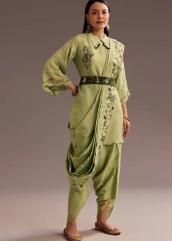 Light Green Zardosi Kurta With Embroidered Dupatta Belt