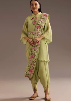 Light Green Zardosi Motif Kurta Dupatta Belt Set