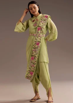 Light Green Zardosi Motif Kurta Dupatta Belt Set