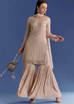 Light Grey Chinon Kurta Set With Moti And Cutdana Work