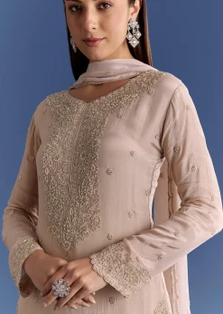Light Grey Chinon Kurta Set With Moti And Cutdana Work