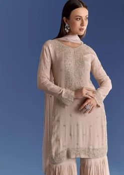 Light Grey Chinon Kurta Set With Moti And Cutdana Work