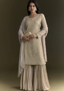 Light Grey Cutdana Zardosi Embroidered Kurta With Scallop Border Dupatta