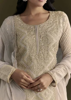 Light Grey Cutdana Zardosi Embroidered Kurta With Scallop Border Dupatta