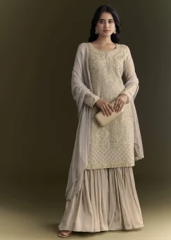 Light Grey Cutdana Zardosi Embroidered Kurta With Scallop Border Dupatta