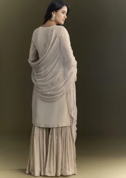 Light Grey Cutdana Zardosi Embroidered Kurta With Scallop Border Dupatta
