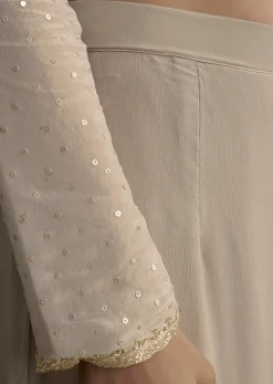 Light Grey Cutdana Zardosi Embroidered Kurta With Scallop Border Dupatta