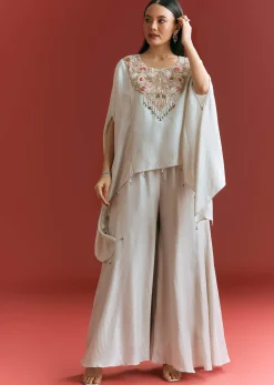 Light Grey Dola Silk Kaftaan Suit With Zardosi Work