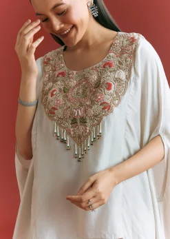 Light Grey Dola Silk Kaftaan Suit With Zardosi Work