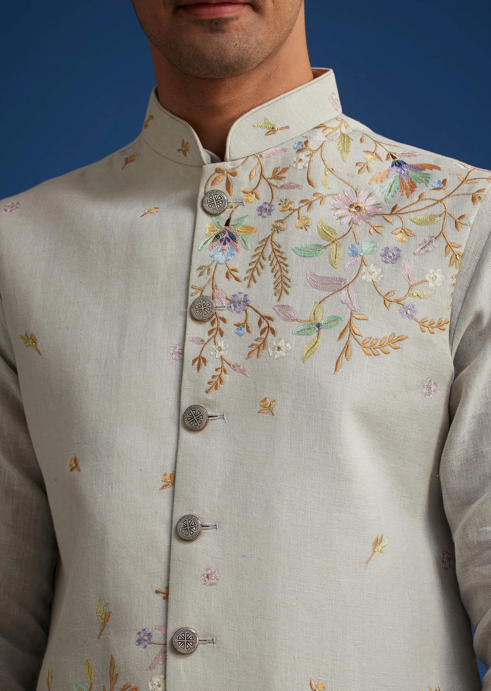 Light Grey Linen Kurta Set With Resham Work Jacket