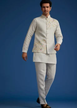 Light Grey Linen Kurta Set With Resham Work Jacket