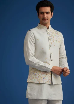 Light Grey Linen Kurta Set With Resham Work Jacket