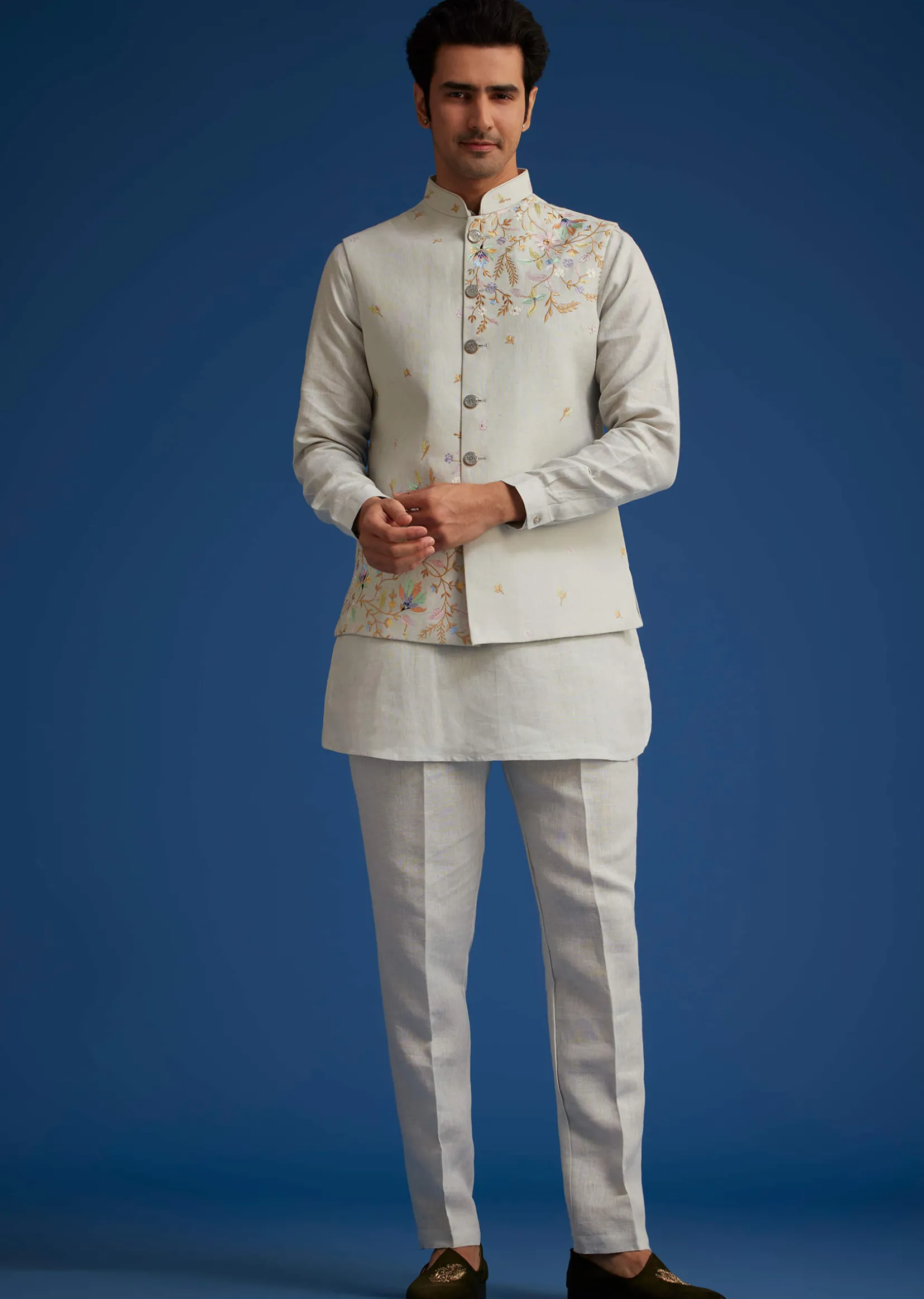 Light Grey Linen Kurta Set With Resham Work Jacket