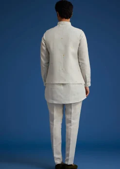 Light Grey Linen Kurta Set With Resham Work Jacket