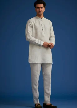 Light Grey Linen Kurta Set With Resham Work Jacket
