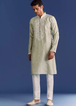 Light Grey Raw Silk Kurta Set With Embroidery