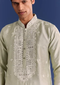 Light Grey Raw Silk Kurta Set With Embroidery