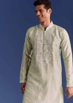 Light Grey Raw Silk Kurta Set With Embroidery