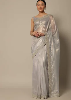 Light Grey Tissue Saree With Bead And Cutdana Work And Unstitched Blouse Piece