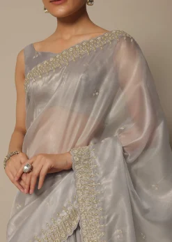 Light Grey Tissue Saree With Bead And Cutdana Work And Unstitched Blouse Piece