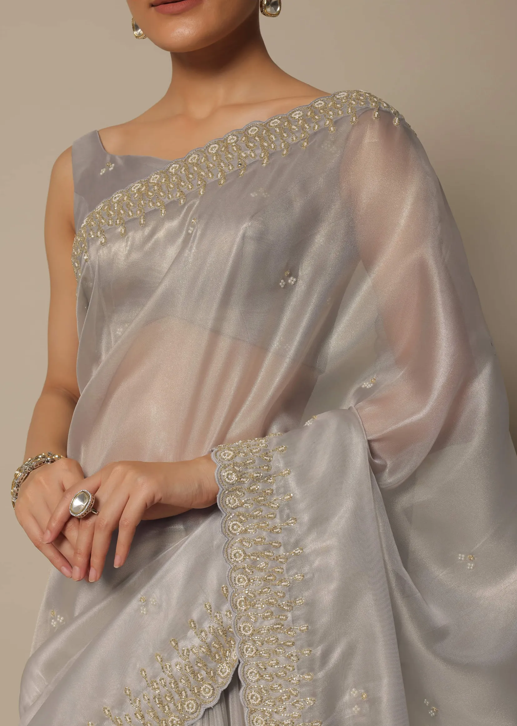 Light Grey Tissue Saree With Bead And Cutdana Work And Unstitched Blouse Piece