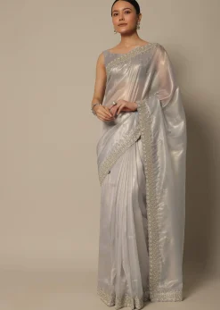 Light Grey Tissue Saree With Bead And Cutdana Work And Unstitched Blouse Piece