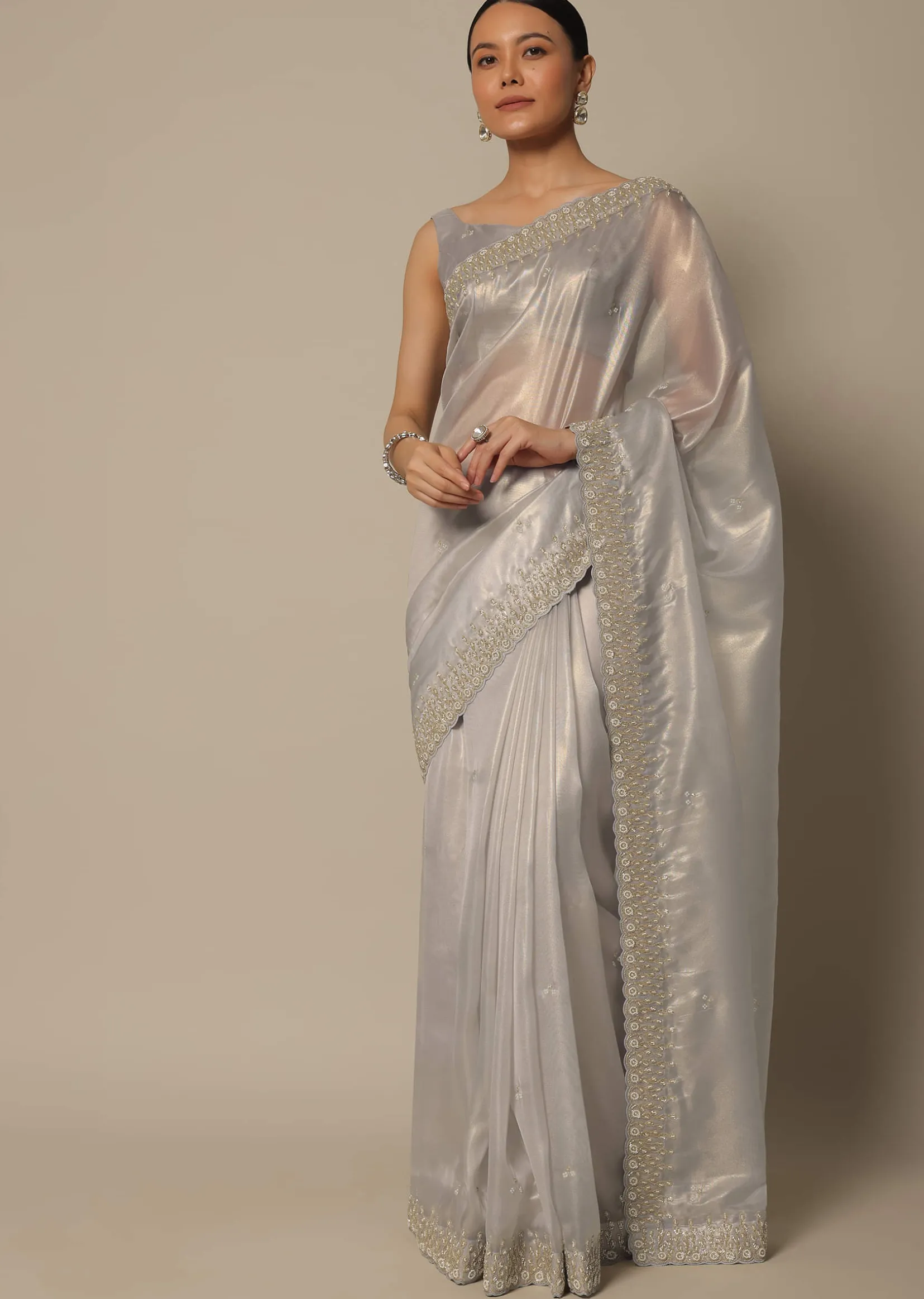 Light Grey Tissue Saree With Bead And Cutdana Work And Unstitched Blouse Piece