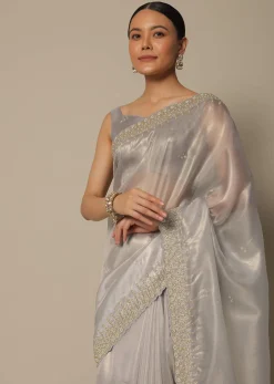 Light Grey Tissue Saree With Bead And Cutdana Work And Unstitched Blouse Piece
