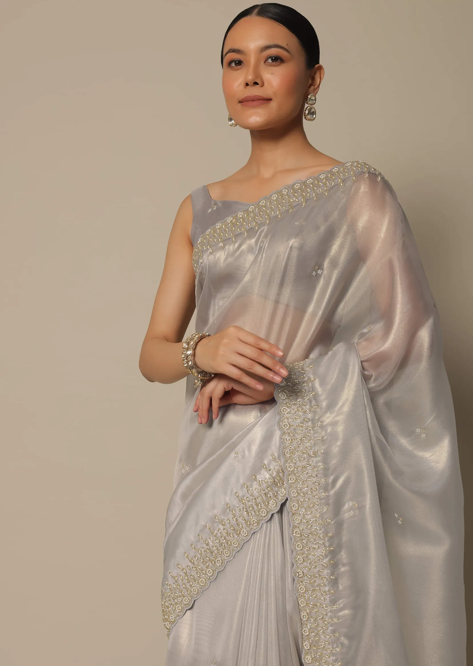Light Grey Tissue Saree With Bead And Cutdana Work And Unstitched Blouse Piece