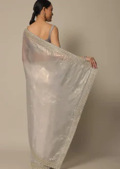 Light Grey Tissue Saree With Bead And Cutdana Work And Unstitched Blouse Piece